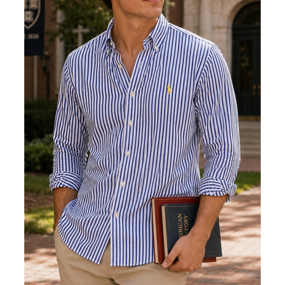 Ralph Lauren Men Button Down Stripe Shirt XXL Blue/White Preppy Old Money Casual